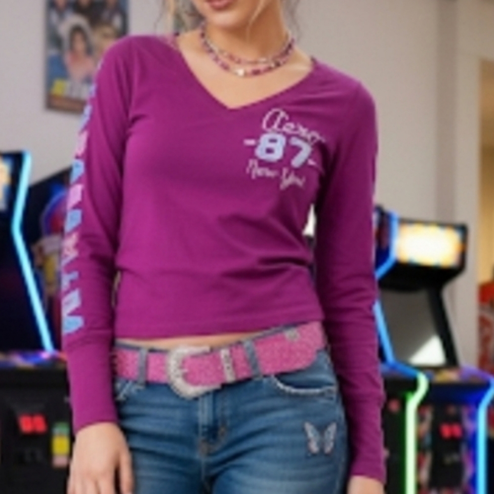 AeropostaleWomen's V-Neck Bright Purple Long Sleeve Vintage T-shirt